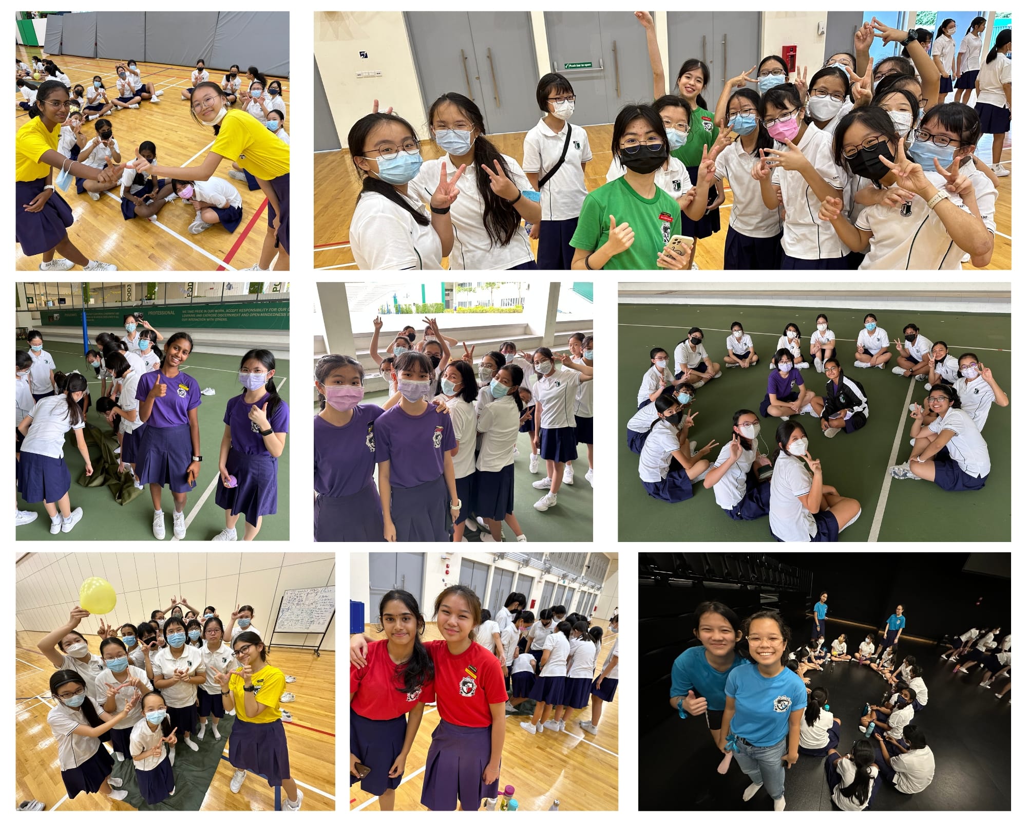 Collage of school girls in uniforms and masks posing with peace signs and smiles in a gym and outdoor areas.
